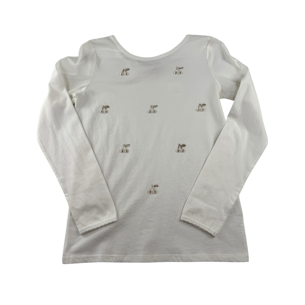 NWT Bonpoint Cherry Embroidered Long Sleeve Tee Ivory Cotton Size 14A Girls